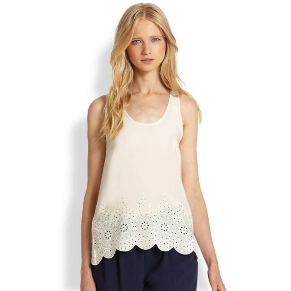 Joie White Sevati Ivory Eyelet Silk Tank Blouse